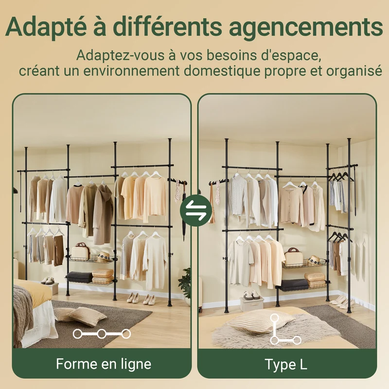 SoBuy KLS04-II-SCH Portant à vêtements télescopique solide - Penderie ouverte réglable avec tringles et étagères, Porte manteau pour chambre/dressing, Noir