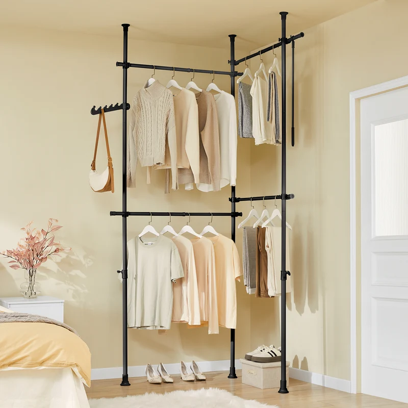 SoBuy KLS03-II-SCH Portant à vêtements télescopique robuste – Penderie ouverte réglable avec tringles pour chambre/dressing, Noir