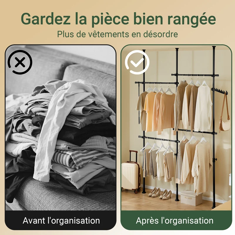 SoBuy KLS03-II-SCH Portant à vêtements télescopique robuste – Penderie ouverte réglable avec tringles pour chambre/dressing, Noir