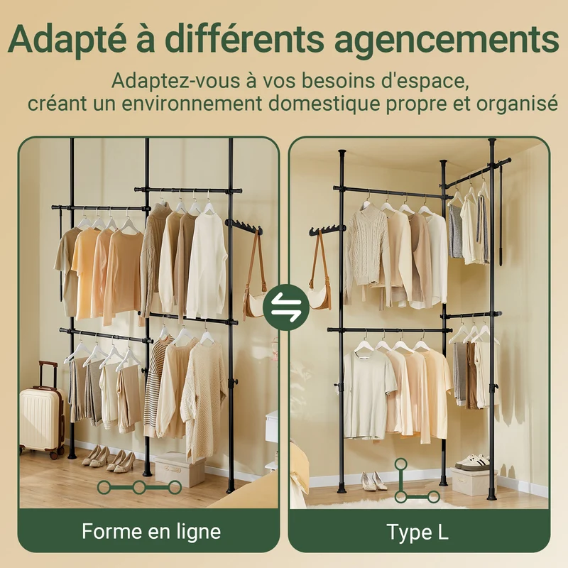 SoBuy KLS03-II-SCH Portant à vêtements télescopique robuste – Penderie ouverte réglable avec tringles pour chambre/dressing, Noir