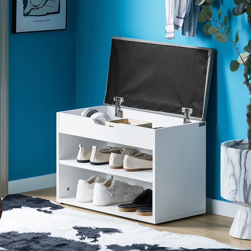 SoBuy FSR25-HG Banc à Chaussures 2 Étages avec Coussin Gris Rembourré pour Entrée Couloir – 60x30x44 cm, Blanc