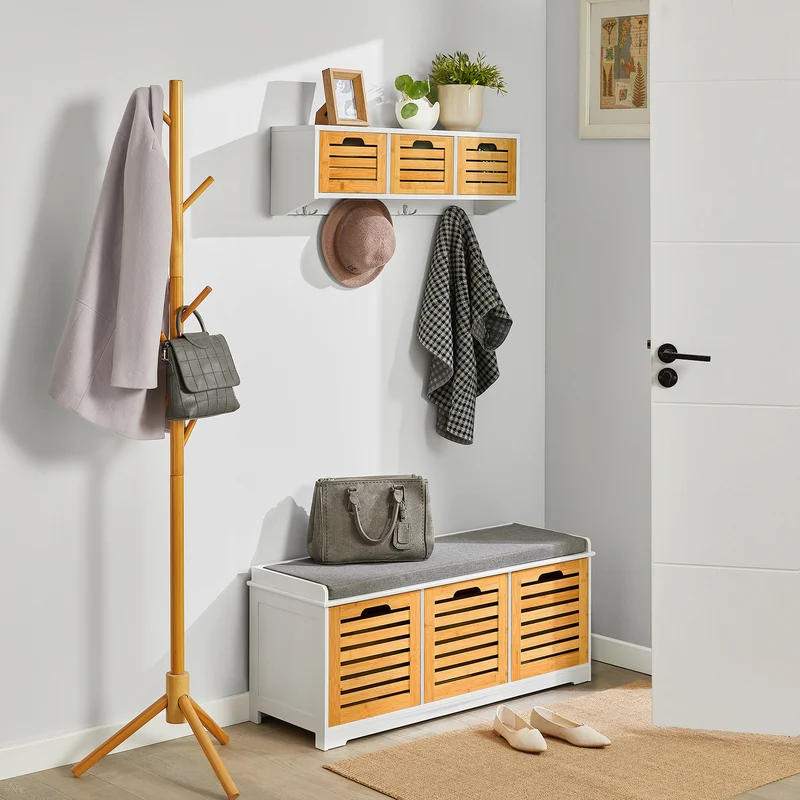 SoBuy FSR23-WN Banc à Chaussures avec Coussin Rembourré et 3 Cubes de Rangement pour Entrée – 105x35x43 cm, Blanc et Naturel