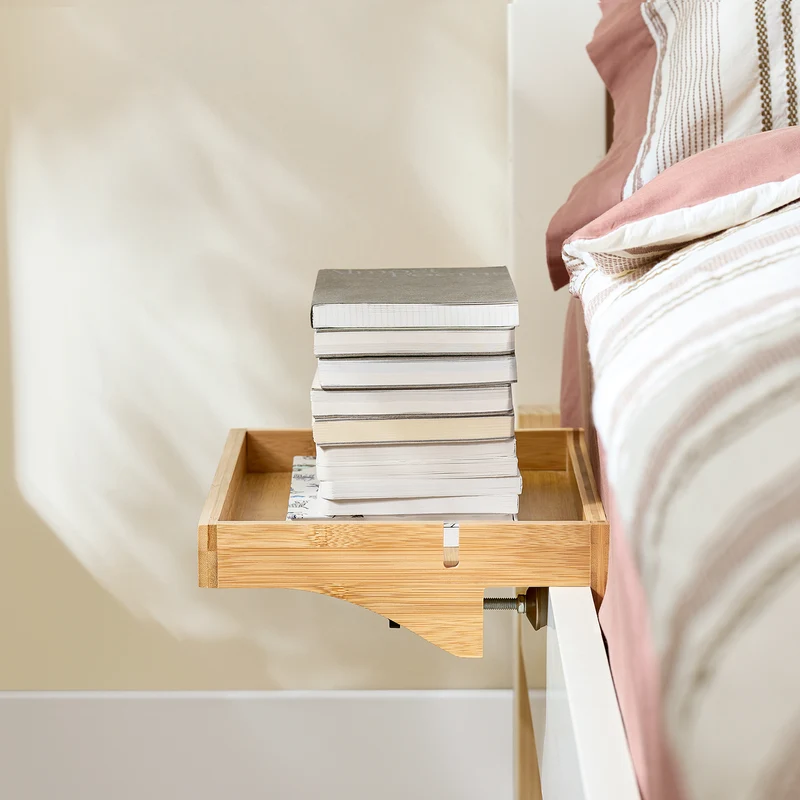 SoBuy NKD01-N Tablette de lit Amovible à encoches câbles - Plateau en Bambou pour Livres, Smartphones & Lunettes - Adapté aux Cadres de lit de 1-3cm 36x25x9cm