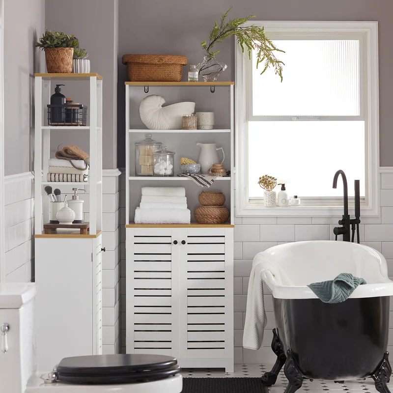 SoBuy BZR44-W Meuble Colonne de Salle de Bain Armoire Haute Meuble de Rangement avec 3 Etagères et 2 Portes persiennes