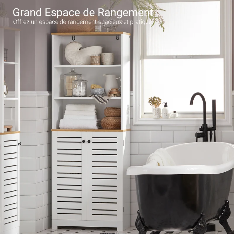 SoBuy BZR44-W Meuble Colonne de Salle de Bain Armoire Haute Meuble de Rangement avec 3 Etagères et 2 Portes persiennes