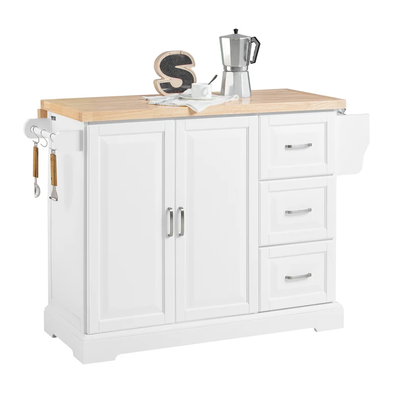 SoBuy FKW41-II-WN Îlot de Cuisine Mobile – Plan Extensible 46–71 cm, 3 Tiroirs, Armoire, Blanc et Bois Naturel