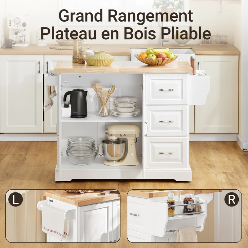 SoBuy FKW41-II-WN Îlot de Cuisine Mobile – Plan Extensible 46–71 cm, 3 Tiroirs, Armoire, Blanc et Bois Naturel