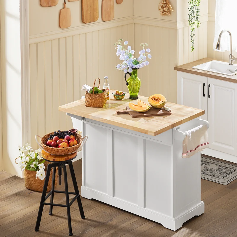 SoBuy FKW41-II-WN Îlot de Cuisine Mobile – Plan Extensible 46–71 cm, 3 Tiroirs, Armoire, Blanc et Bois Naturel