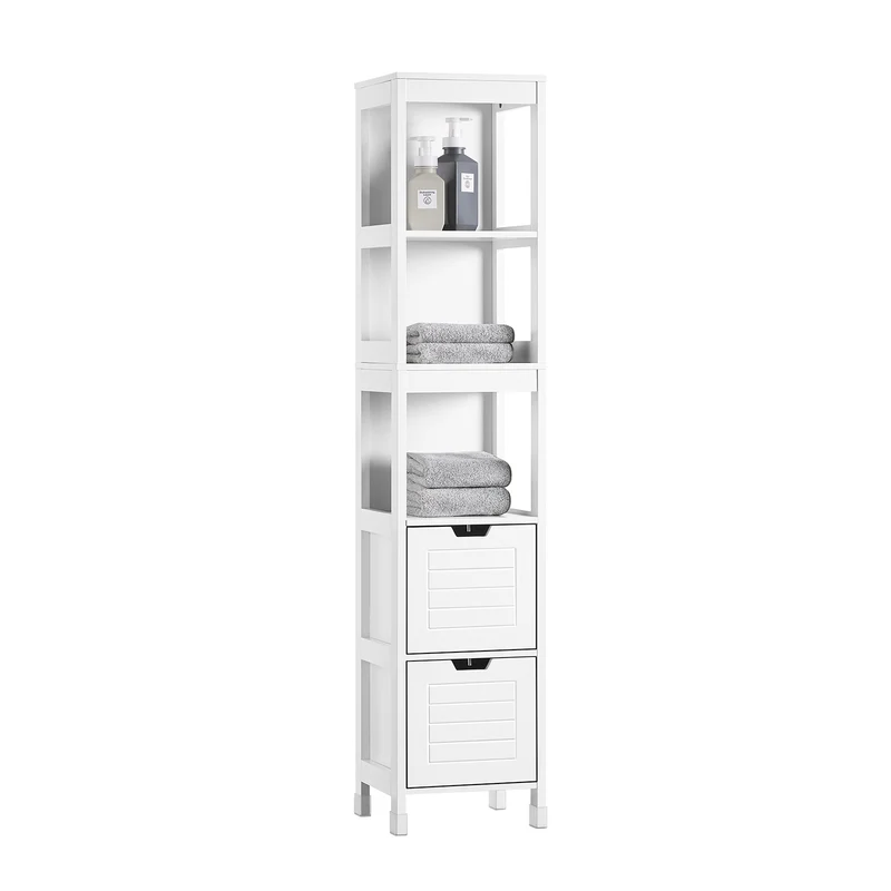 sebuyfr.comG126-W Colonne de Salle de Bain – 4 Étagères, 2 Tiroirs, Anti-Basculement, 30×30×144 cm, Blanc
