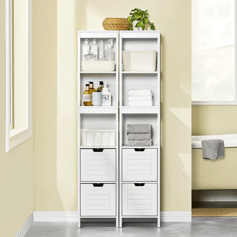 sebuyfr.comG126-W Colonne de Salle de Bain – 4 Étagères, 2 Tiroirs, Anti-Basculement, 30×30×144 cm, Blanc