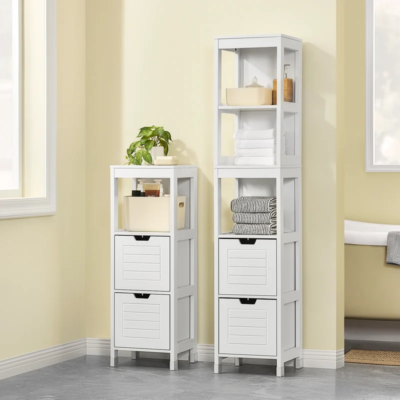 sebuyfr.comG126-W Colonne de Salle de Bain – 4 Étagères, 2 Tiroirs, Anti-Basculement, 30×30×144 cm, Blanc