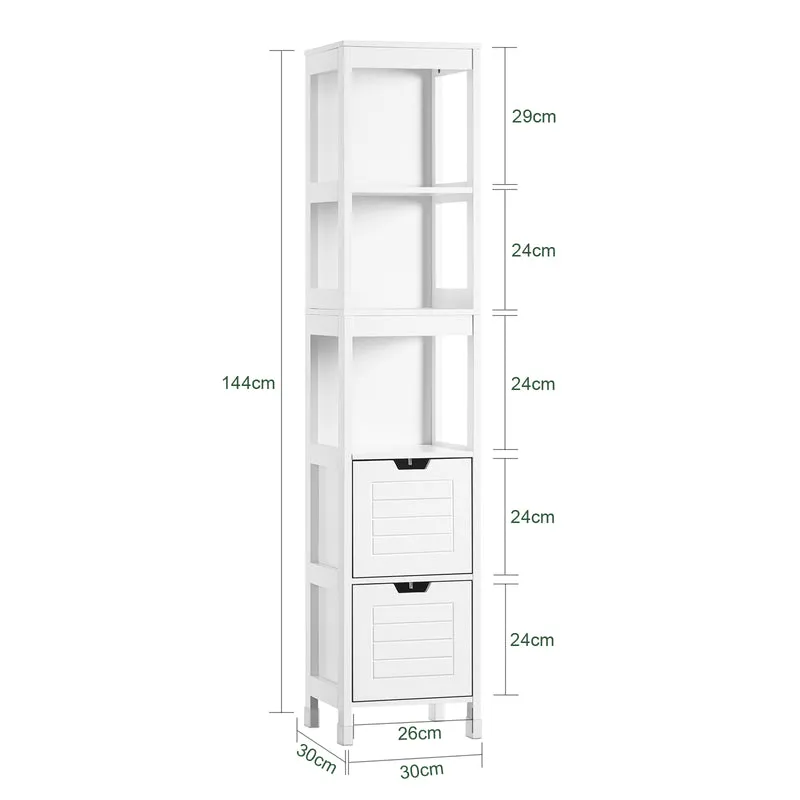 sebuyfr.comG126-W Colonne de Salle de Bain – 4 Étagères, 2 Tiroirs, Anti-Basculement, 30×30×144 cm, Blanc