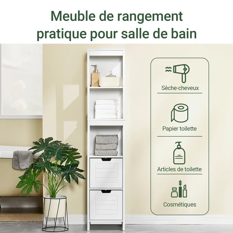 sebuyfr.comG126-W Colonne de Salle de Bain – 4 Étagères, 2 Tiroirs, Anti-Basculement, 30×30×144 cm, Blanc