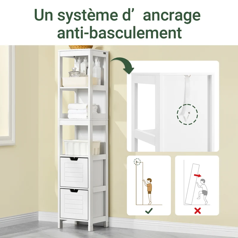 sebuyfr.comG126-W Colonne de Salle de Bain – 4 Étagères, 2 Tiroirs, Anti-Basculement, 30×30×144 cm, Blanc