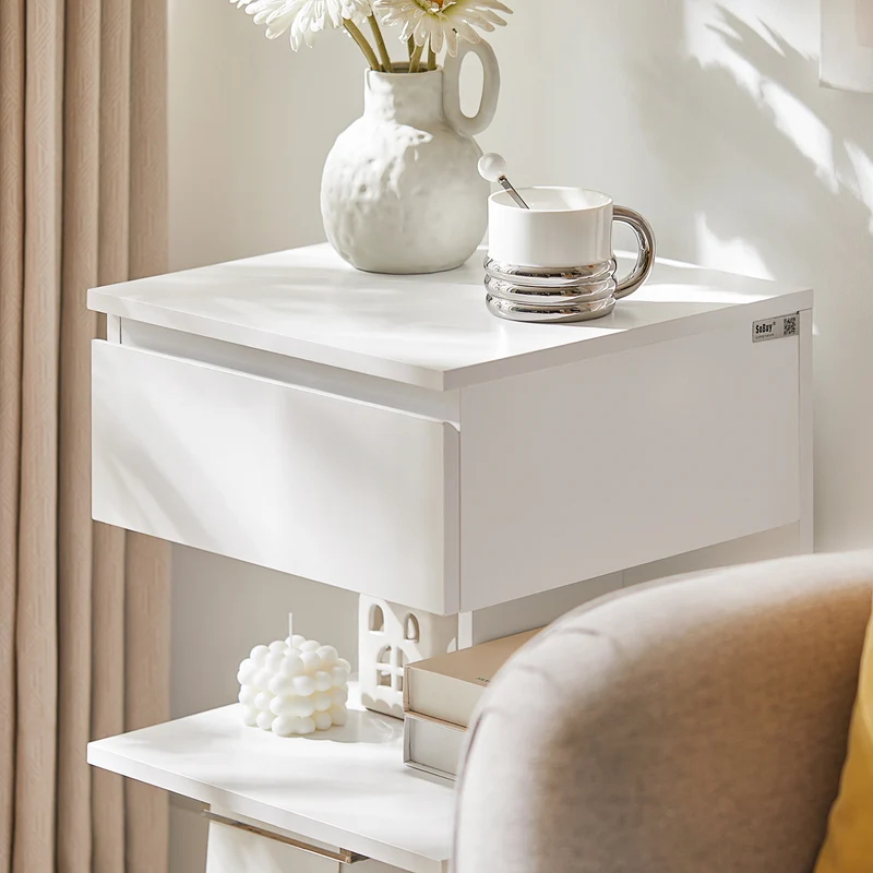 SoBuy FBT49-W Table de Chevet avec 1 Tiroir et 2 Étagères, Design Moderne, pour Salon et Chambre, Rangement Optimisé, Design Fonctionnel – L39×P39×H65 cm, Blanc