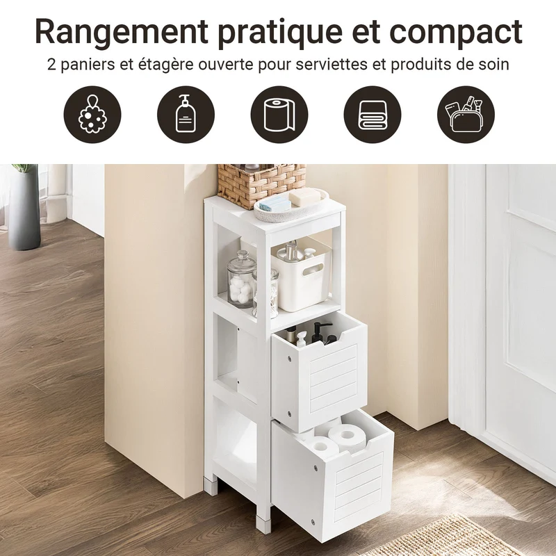 SoBuy FRG127-W Colonne Salle de Bain avec 2 Paniers, Format Compact, Design Moderne, pour Salle de Bain et WC, Rangement Optimisé – L30×P30×H89 cm, Bois, Blanc