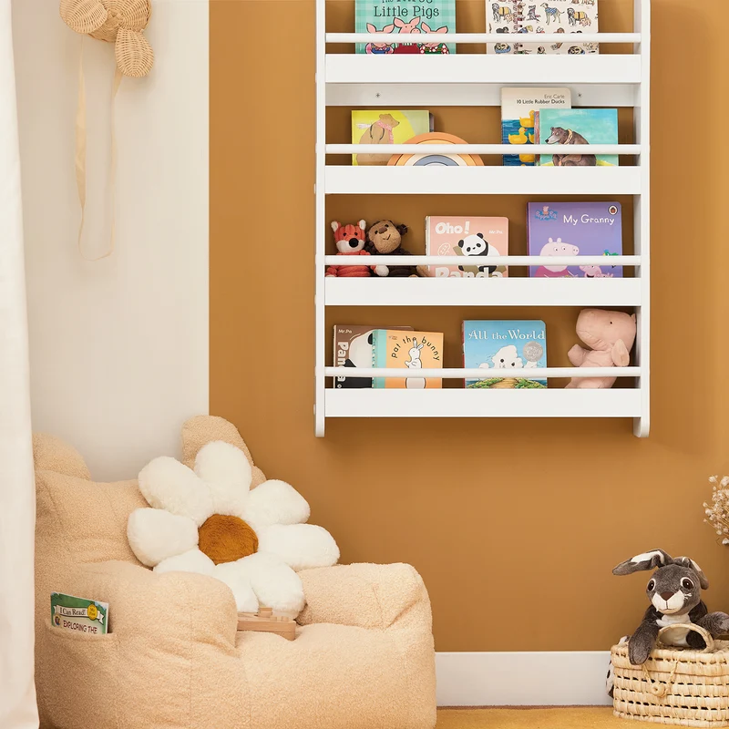 SoBuy KMB08-K-W Bibliothèque Murale Étagère à Livres Enfants Étagère de Rangement avec 4 Étages - Blanc