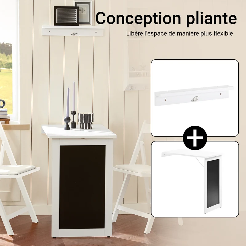 SoBuy FWT20-W Table Murale Rabattable à Manger Pliable avec Tableau Mémo Extensible Gain de Place pour Cuisine, Bureau et Petits Espaces Blanc 50cm x 75cm x 76cm