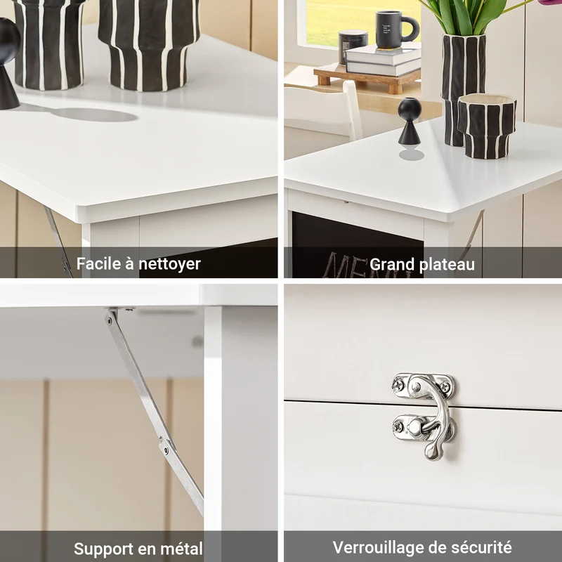 SoBuy FWT20-W Table Murale Rabattable à Manger Pliable avec Tableau Mémo Extensible Gain de Place pour Cuisine, Bureau et Petits Espaces Blanc 50cm x 75cm x 76cm