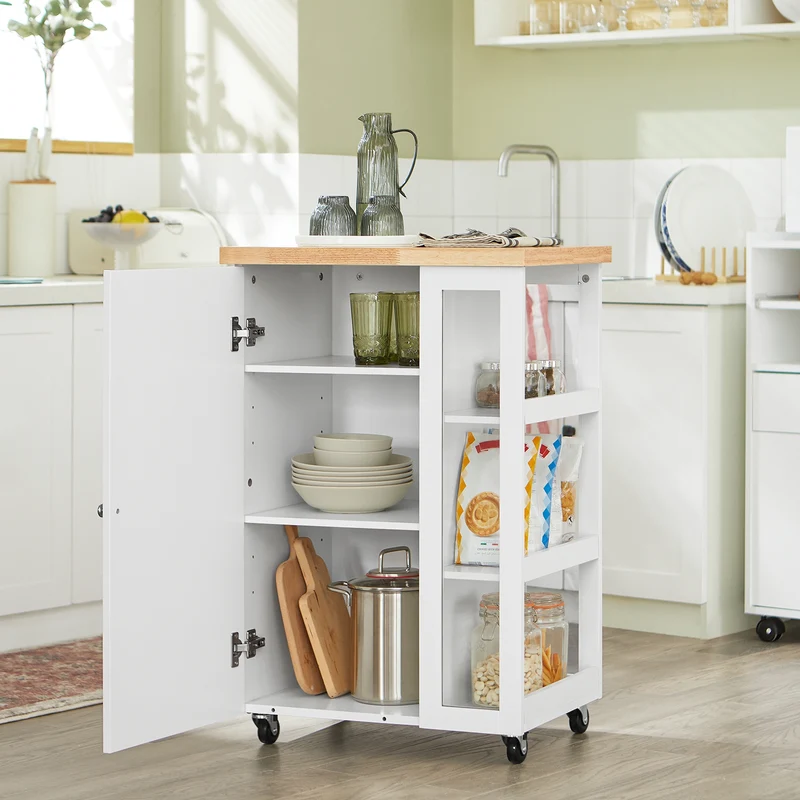 SoBuy FKW75-WN Desserte de Cuisine à Roulettes avec Placard et Étagère Latérale 3 Niveaux – Blanc/Naturel, 60 × 40 × 92 cm