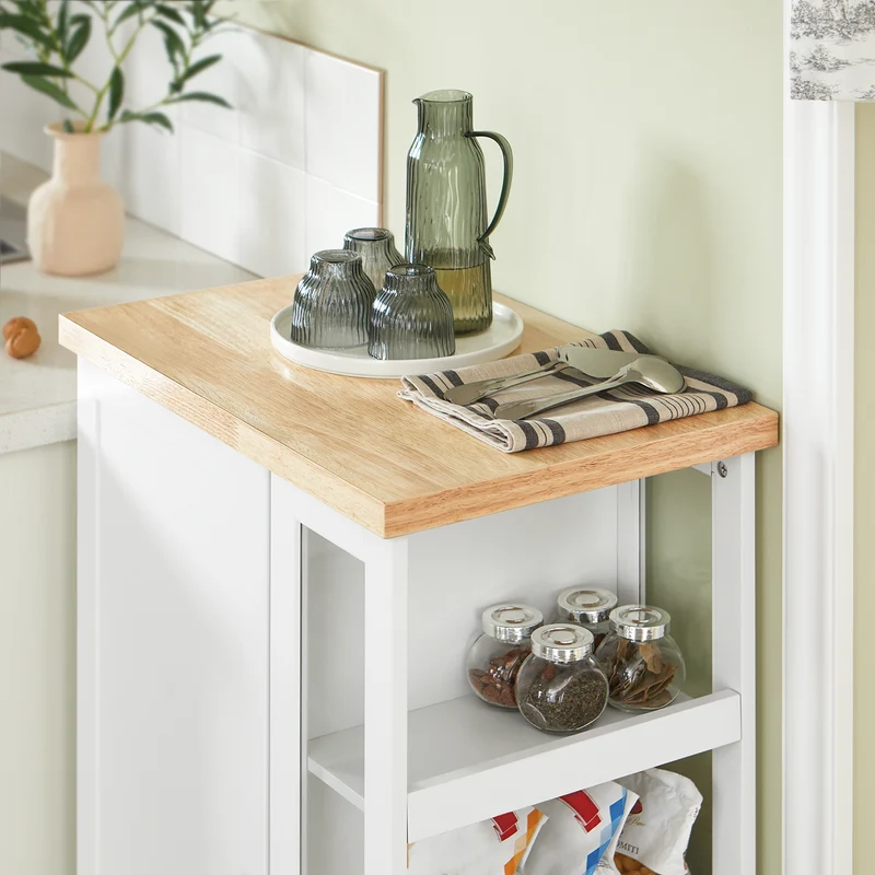 SoBuy FKW75-WN Desserte de Cuisine à Roulettes avec Placard et Étagère Latérale 3 Niveaux – Blanc/Naturel, 60 × 40 × 92 cm