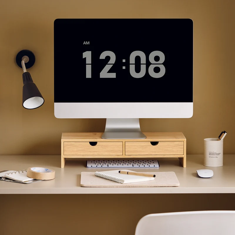 SoBuy FRG198-N Support d'écran d'ordinateur de Support de Moniteur de bambou avec 2 Tiroirs
