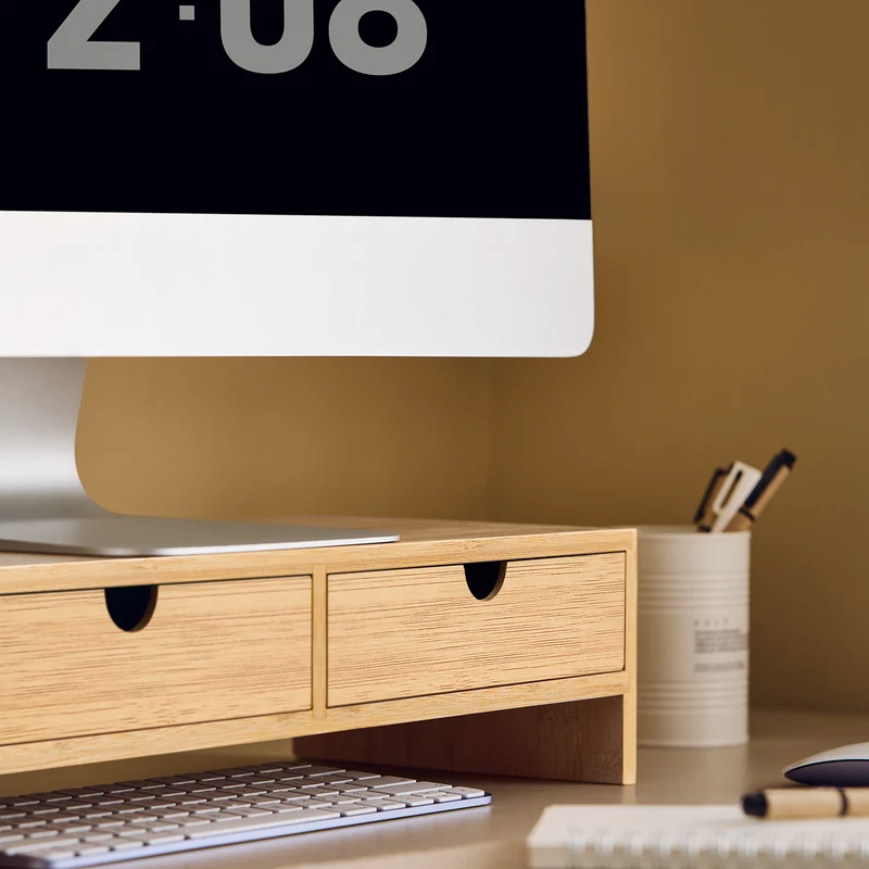 SoBuy FRG198-N Support d'écran d'ordinateur de Support de Moniteur de bambou avec 2 Tiroirs