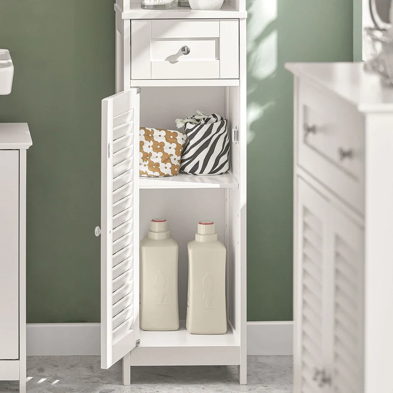 sebuyfr.comG236-W Colonne de Salle de Bain – 32 cm, 2 Portes Persiennes, Tiroir et Niche, Blanc