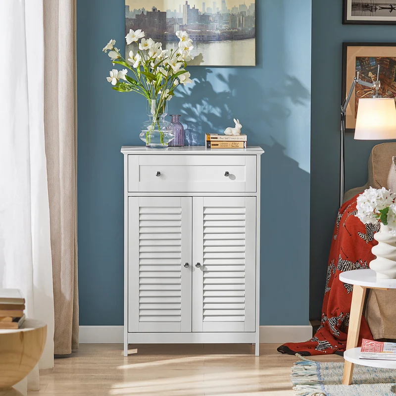 SoBuy FRG238-W Meuble de Salle de Bain avec 2 Portes Persiennes – 1 Tiroir, Étagère Réglable, 60×35×87 cm, Blanc
