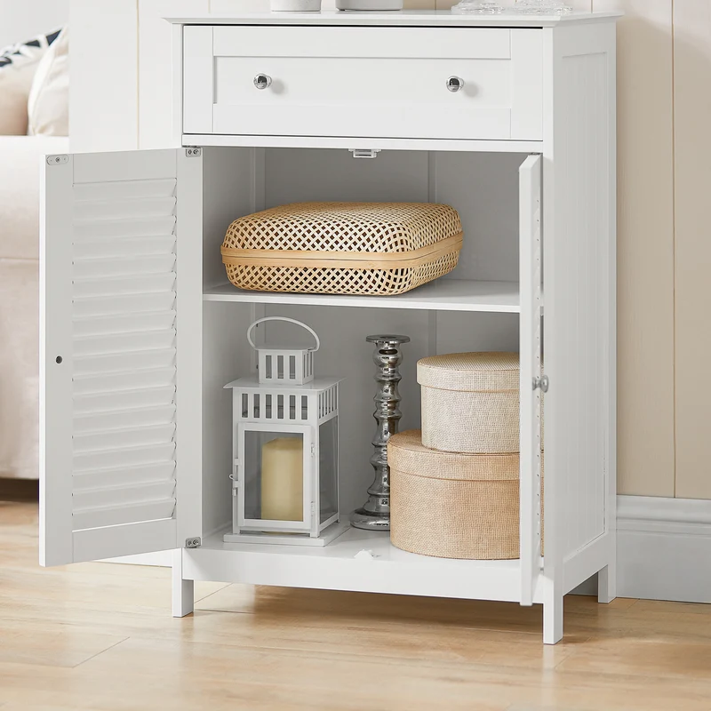 SoBuy FRG238-W Meuble de Salle de Bain avec 2 Portes Persiennes – 1 Tiroir, Étagère Réglable, 60×35×87 cm, Blanc