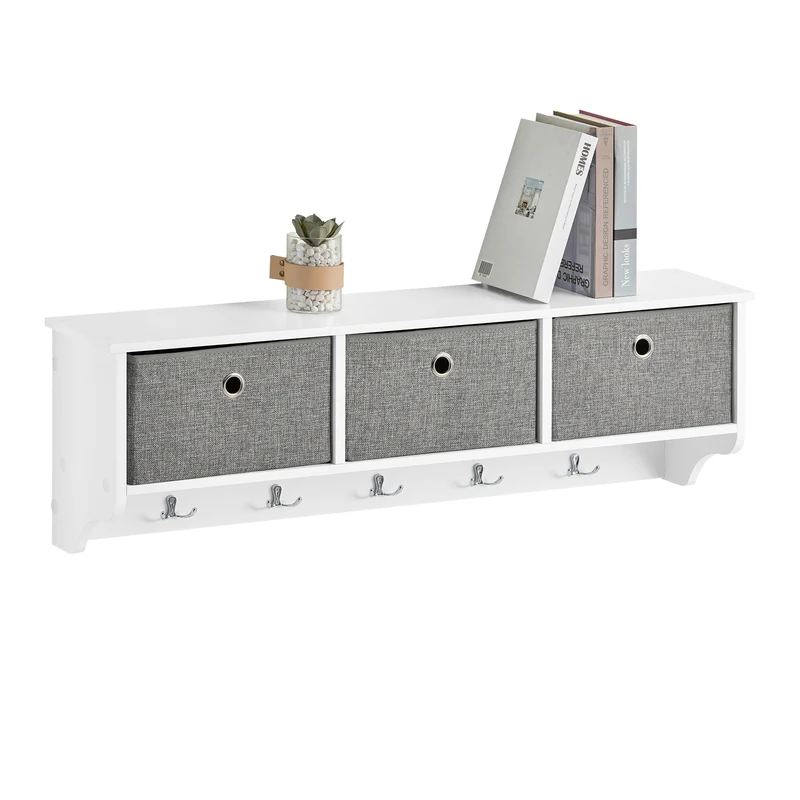 SoBuy FRG282-W Porte-Manteau Mural avec 5 Crochets et 3 Paniers, pour Entrée et Couloir, Design Fonctionnel, Usage Quotidien – L100×P20×H30 cm, Bois, Blanc