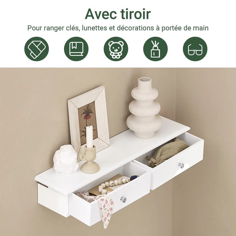 sebuyfr.comG43-W Etagere Murale avec 2 Tiroirs - Étagère Flottante Moderne pour Entrée, Salon, Cuisine & Chambre - Blanc 64x15x10cm