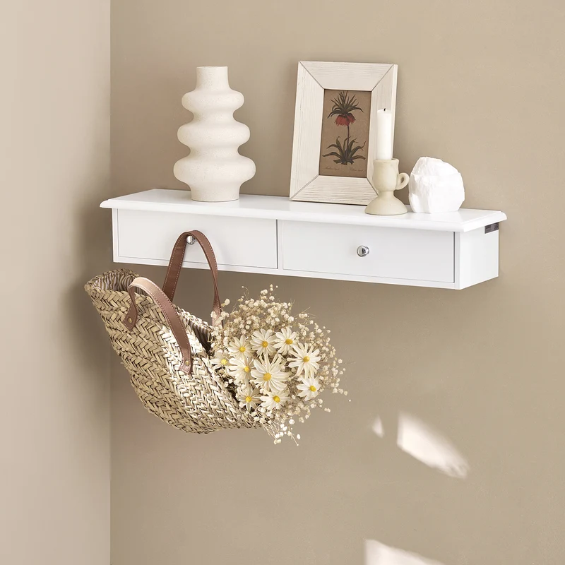 sebuyfr.comG43-W Etagere Murale avec 2 Tiroirs - Étagère Flottante Moderne pour Entrée, Salon, Cuisine & Chambre - Blanc 64x15x10cm