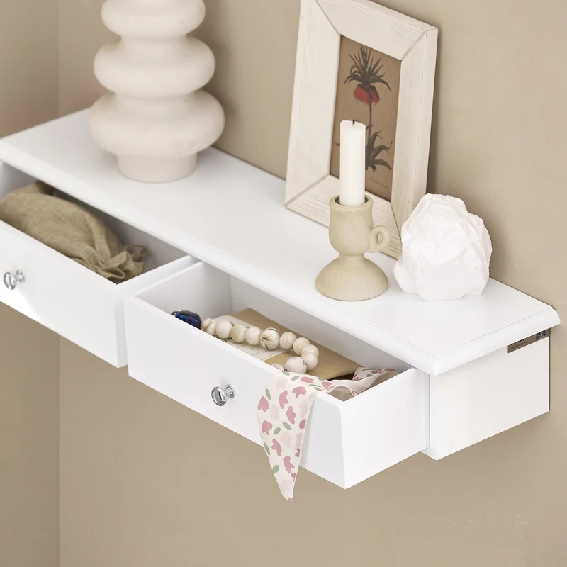 sebuyfr.comG43-W Etagere Murale avec 2 Tiroirs - Étagère Flottante Moderne pour Entrée, Salon, Cuisine & Chambre - Blanc 64x15x10cm