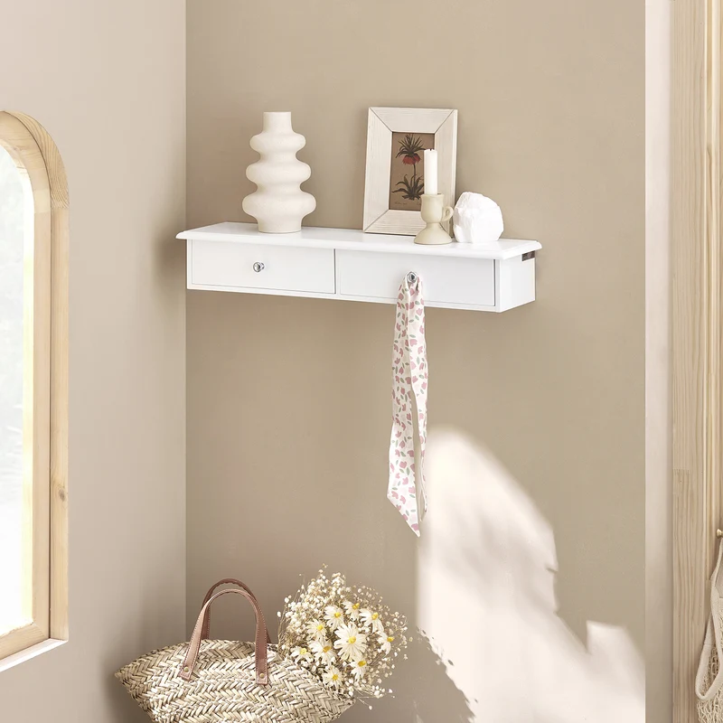 sebuyfr.comG43-W Etagere Murale avec 2 Tiroirs - Étagère Flottante Moderne pour Entrée, Salon, Cuisine & Chambre - Blanc 64x15x10cm