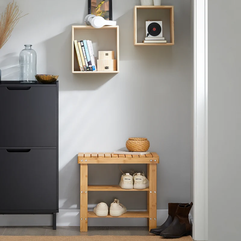 SoBuy FSR02-K-N Banc à Chaussures en Bambou avec Assise et Étagère de Rangement pour Entrée – 50x29x45 cm, Naturel