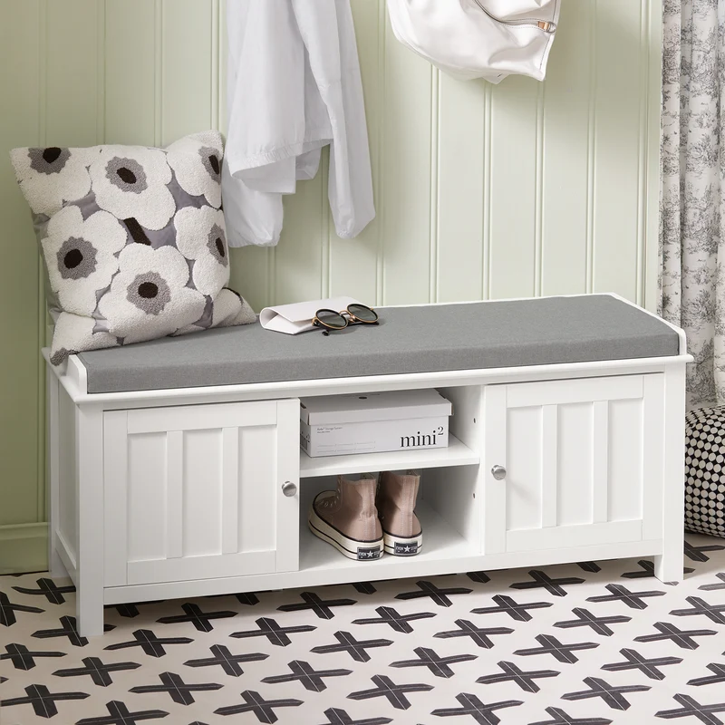 SoBuy FSR35-W Banc à Chaussures avec Coussin Rembourré et Rangement pour Bottes, Meuble d'Entrée – 105x35x43 cm, Blanc