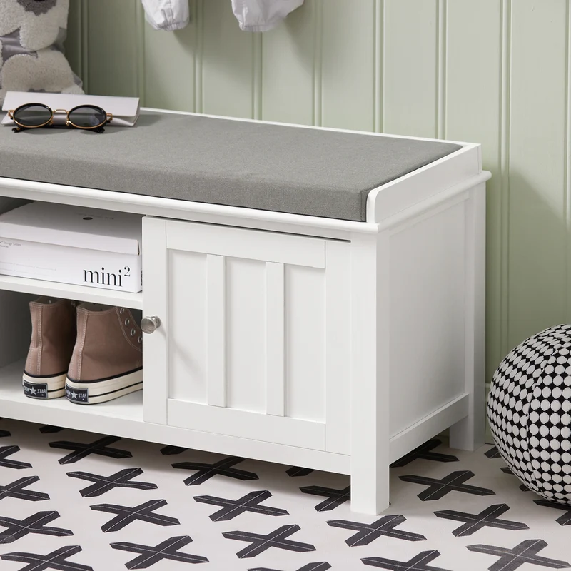 SoBuy FSR35-W Banc à Chaussures avec Coussin Rembourré et Rangement pour Bottes, Meuble d'Entrée – 105x35x43 cm, Blanc