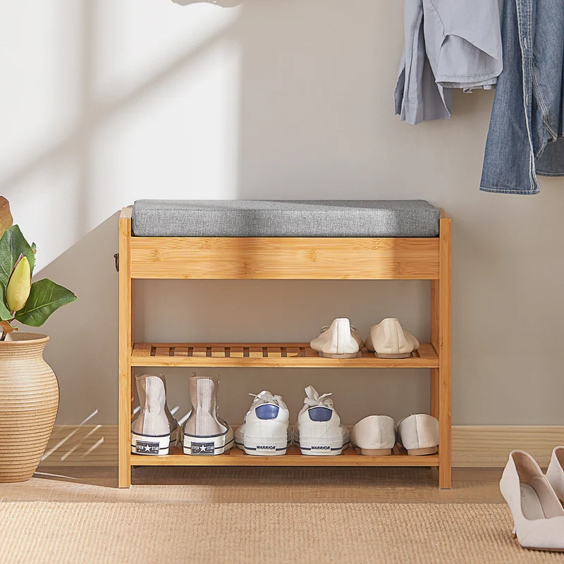 SoBuy FSR49-N Banc à Chaussures en Bambou Massif avec Coussin 8 cm, 2 Étagères et Tiroir – Charge 150 kg – Naturel