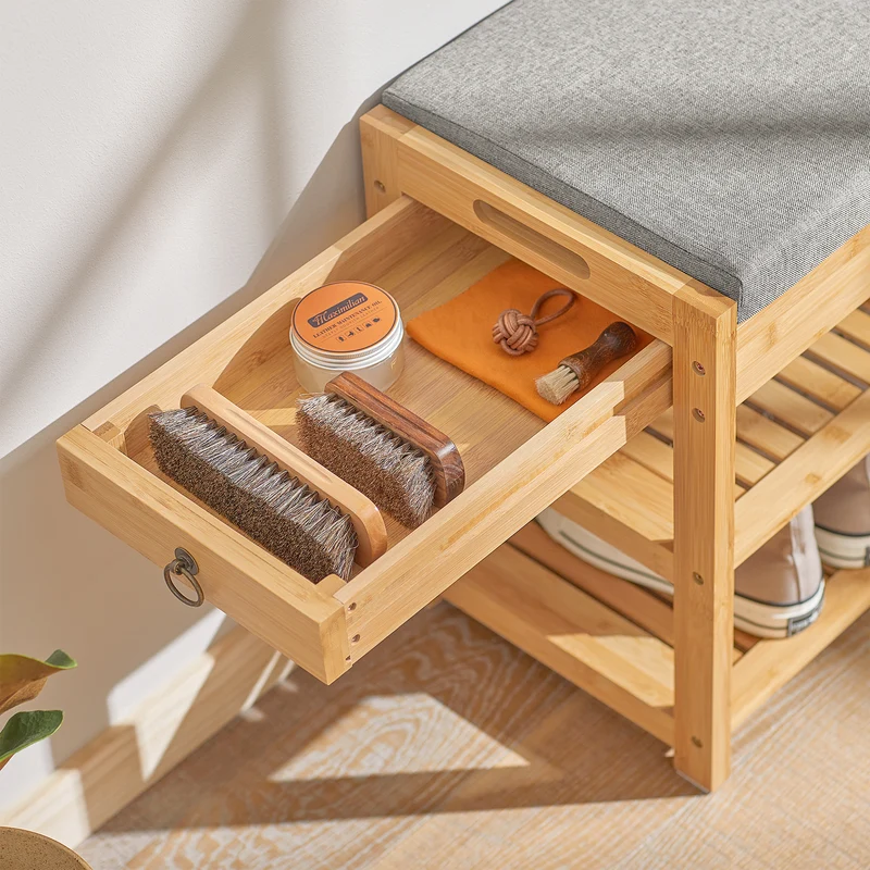 SoBuy FSR49-N Banc à Chaussures en Bambou Massif avec Coussin 8 cm, 2 Étagères et Tiroir – Charge 150 kg – Naturel