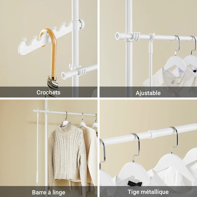 SoBuy KLS03-II-W Portant à vêtements télescopique solide - Penderie ouverte réglable avec tringles, Porte manteau pour chambre/dressing, Blanc