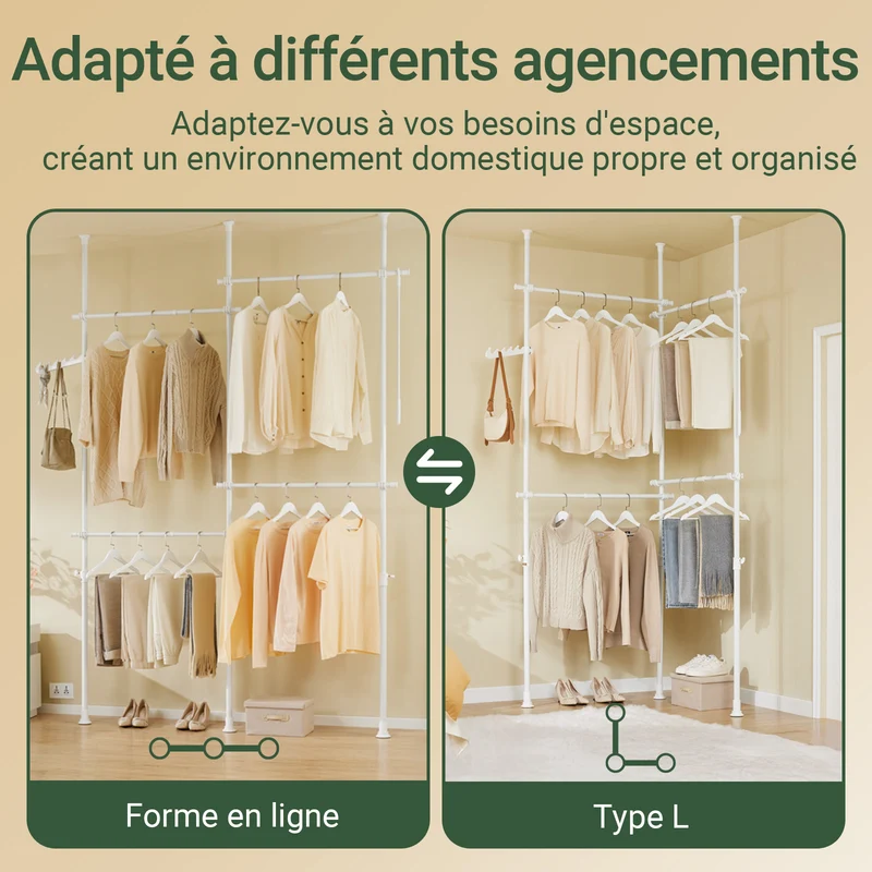 SoBuy KLS03-II-W Portant à vêtements télescopique solide - Penderie ouverte réglable avec tringles, Porte manteau pour chambre/dressing, Blanc