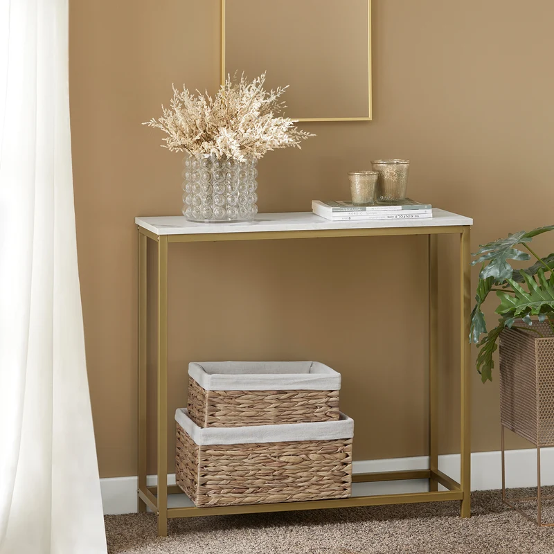 SoBuy FSB29-G Table Console Table d'Appoint Bout de Canapé Table d’Entrée Effet Marbre Cadre et 4 Pieds en Fer Haute Qualité – L80cm x P30cm x H75cm - Doré