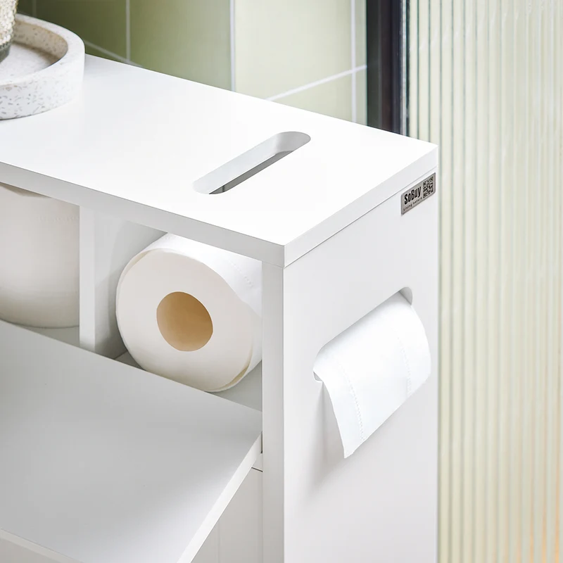 SoBuy BZR31-W Armoire Salle de Bain avec Roulettes et Portes Coulissantes, Gain de Place, Usage Polyvalent, Mobile, Rangement Optimisé – L52×P17×H68 cm, Blanc
