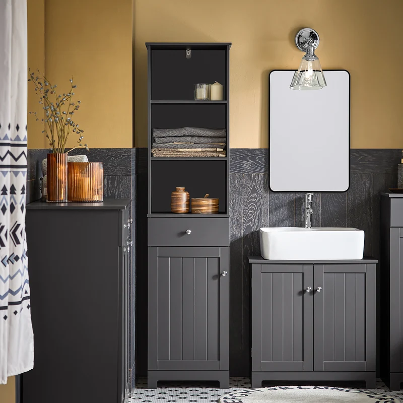 SoBuy BZR17-DG Colonne Salle de Bain Meuble Salle de Bain Rangement avec Armoire et 3 Étagères Ouvertes, Petit Meuble Compact avec 1 Tiroir pour WC, Chambre 40x161x35 cm