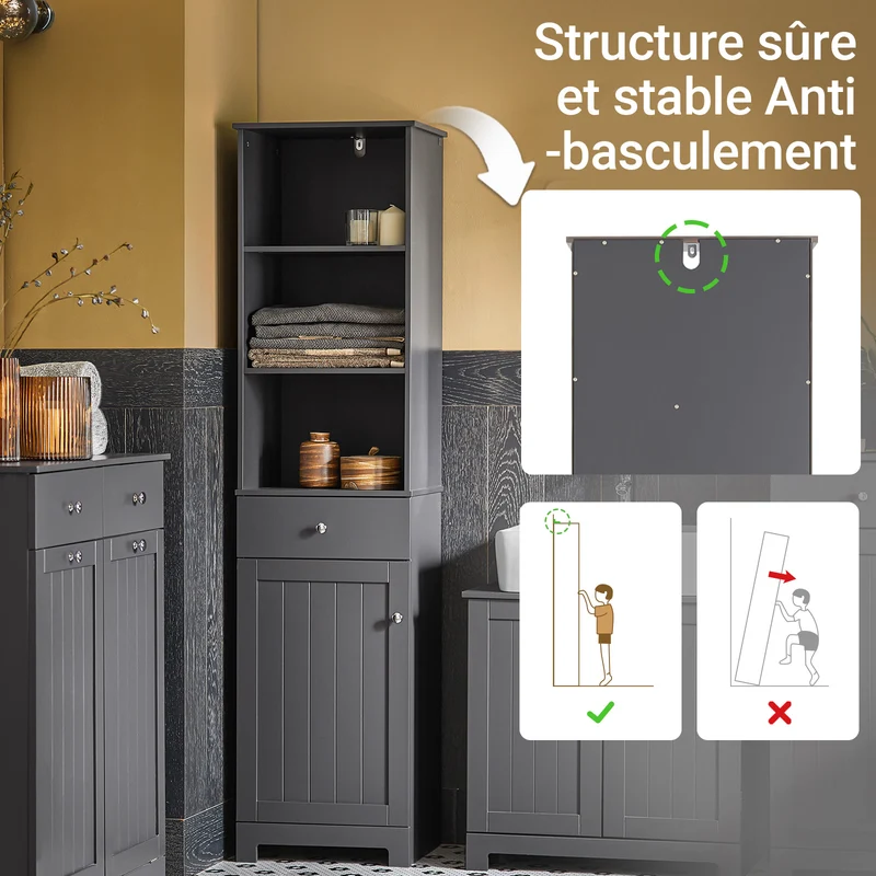 SoBuy BZR17-DG Colonne Salle de Bain Meuble Salle de Bain Rangement avec Armoire et 3 Étagères Ouvertes, Petit Meuble Compact avec 1 Tiroir pour WC, Chambre 40x161x35 cm