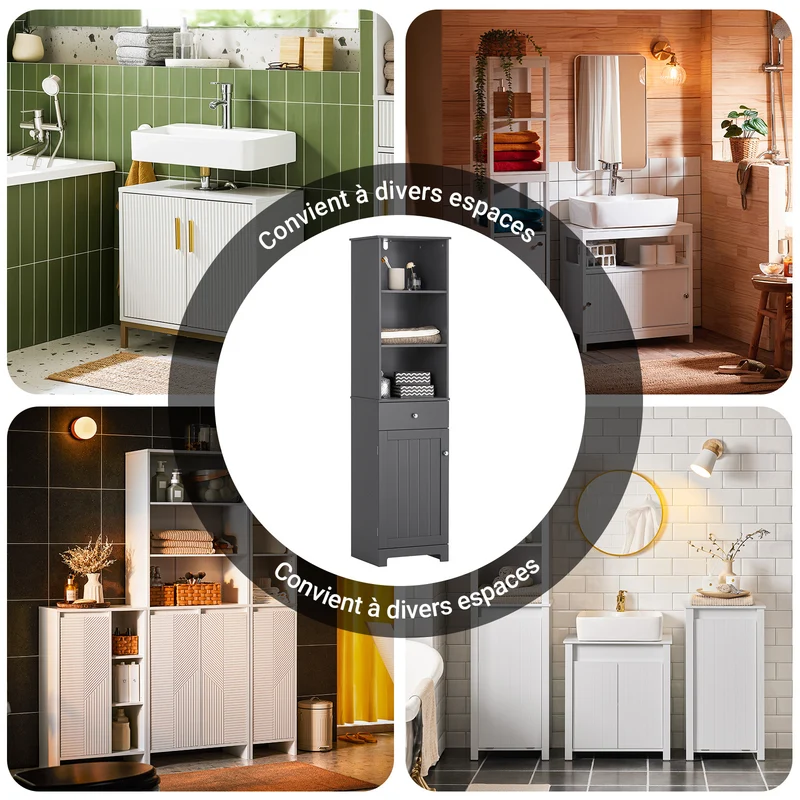 SoBuy BZR17-DG Colonne Salle de Bain Meuble Salle de Bain Rangement avec Armoire et 3 Étagères Ouvertes, Petit Meuble Compact avec 1 Tiroir pour WC, Chambre 40x161x35 cm