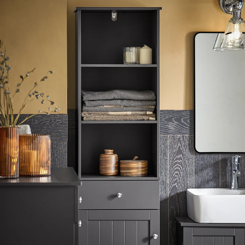 SoBuy BZR17-DG Colonne Salle de Bain Meuble Salle de Bain Rangement avec Armoire et 3 Étagères Ouvertes, Petit Meuble Compact avec 1 Tiroir pour WC, Chambre 40x161x35 cm