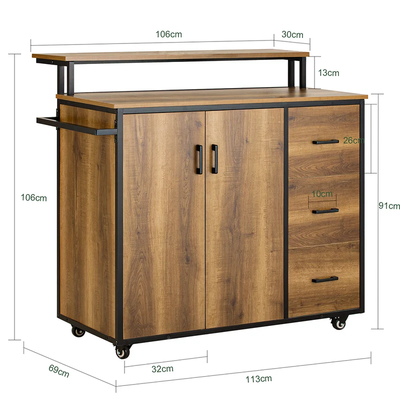 SoBuy KNL02-PF Îlot Central de Cuisine avec 2 Portes, 3 Tiroirs, 1 Porte et 1 Étagère, pour Cuisine et Salle à Manger, Rangement Optimisé – L113×P69×H106 cm
