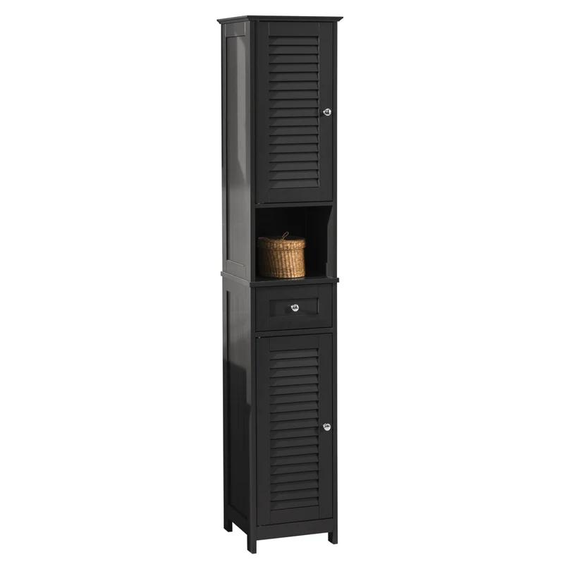 sebuyfr.comG236-DG Colonne Salle de Bain avec 2 Portes, 1 Tiroir et Niche Ouverte, pour Salle de Bain et WC, Rangement Optimisé – L32×P30×H170 cm, Gris Foncé